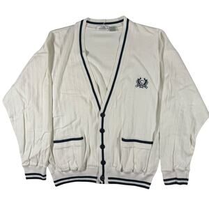 Vintage 90s Clairborne Cardigan Women's Medium White with Blue Logo Crest Prep